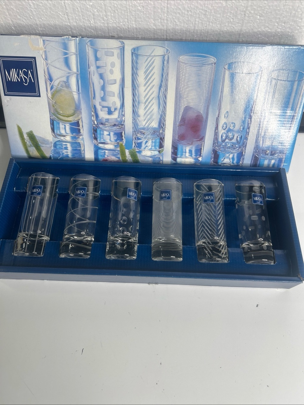 Mikasa Clear Glass Shot Glass Set of 6 Etched Decorated Barware Boxed